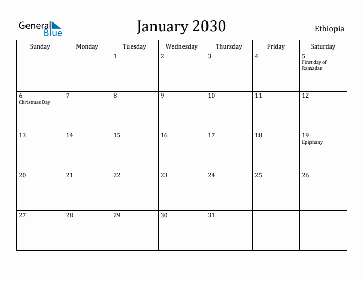 January 2030 Calendar Ethiopia