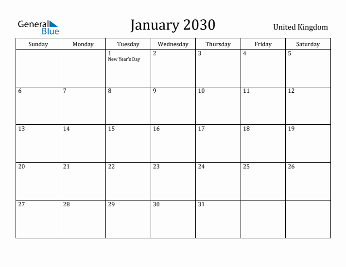 January 2030 Calendar United Kingdom