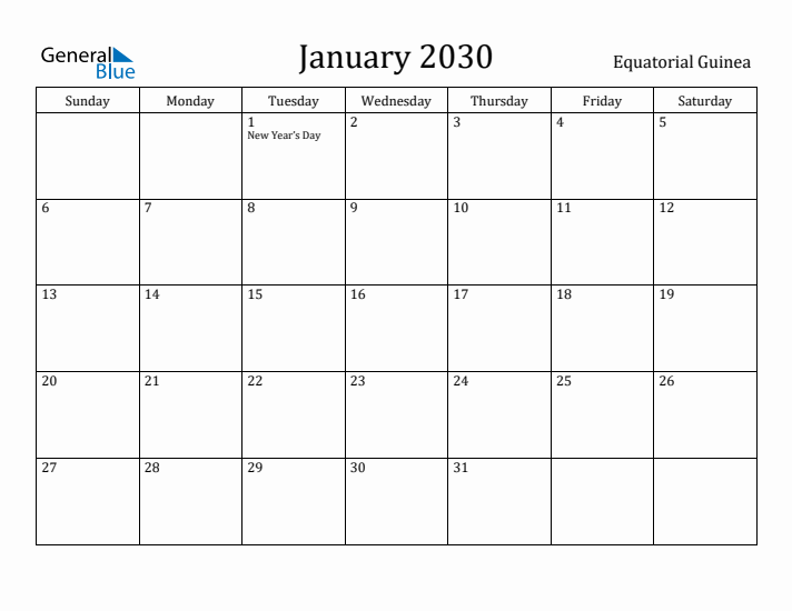 January 2030 Calendar Equatorial Guinea