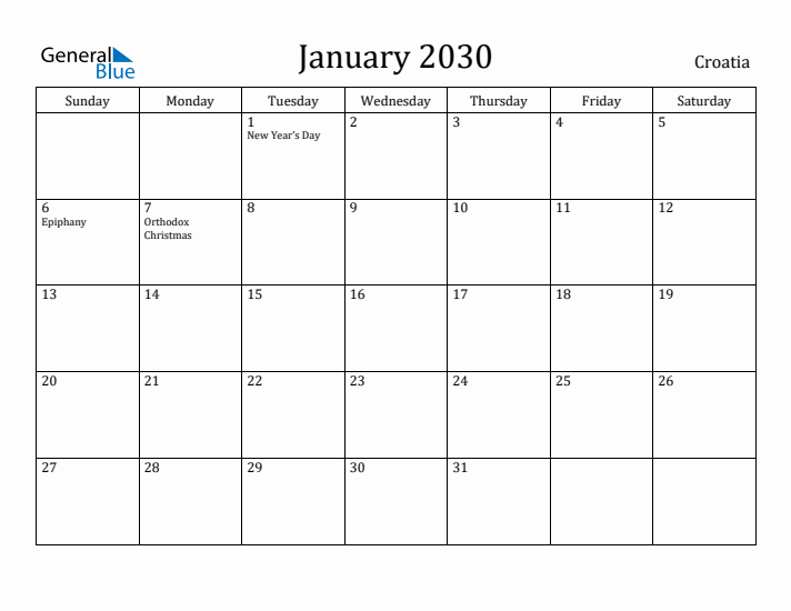 January 2030 Calendar Croatia