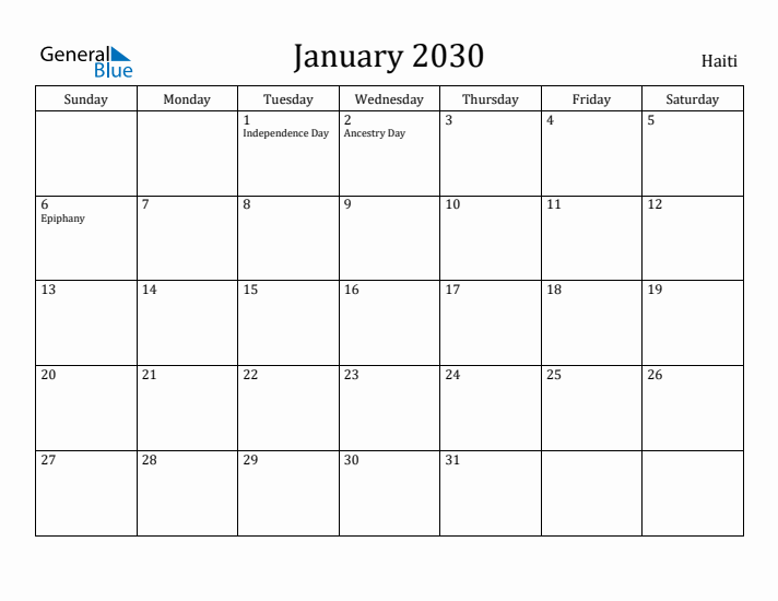 January 2030 Calendar Haiti