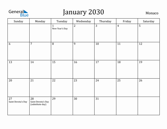 January 2030 Calendar Monaco