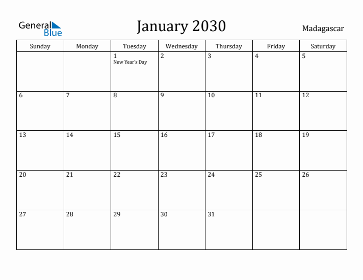 January 2030 Calendar Madagascar
