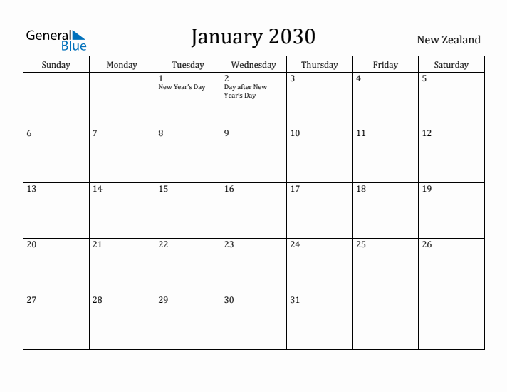 January 2030 Calendar New Zealand