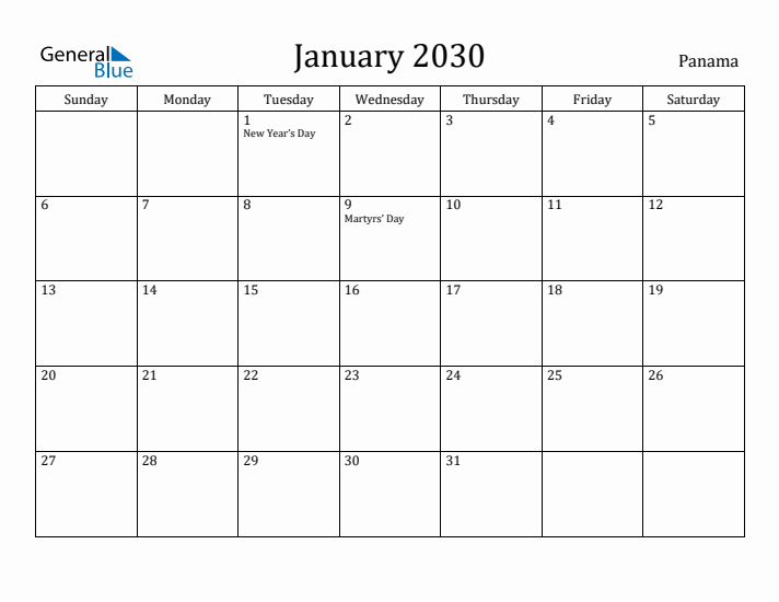 January 2030 Calendar Panama