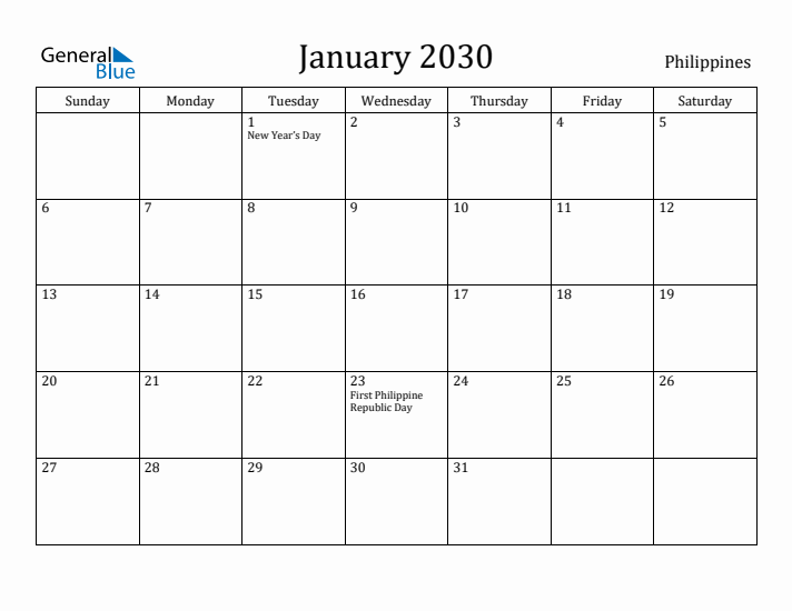 January 2030 Calendar Philippines