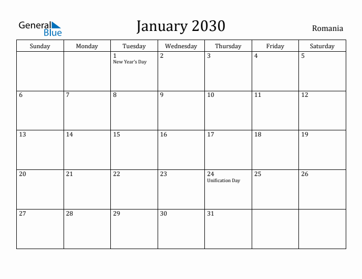 January 2030 Calendar Romania