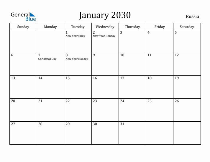 January 2030 Calendar Russia