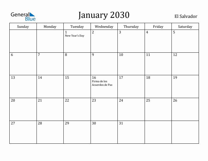 January 2030 Calendar El Salvador