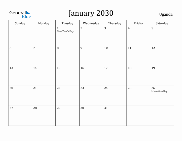 January 2030 Calendar Uganda