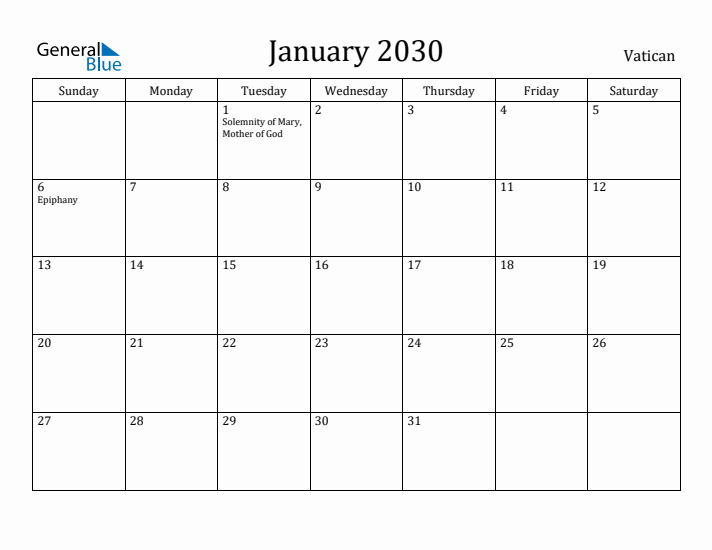 January 2030 Calendar Vatican