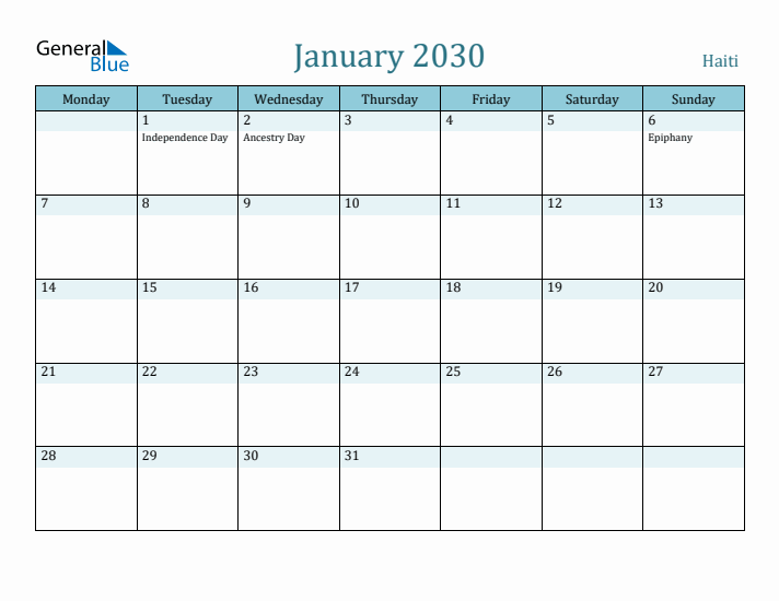 January 2030 Calendar with Holidays