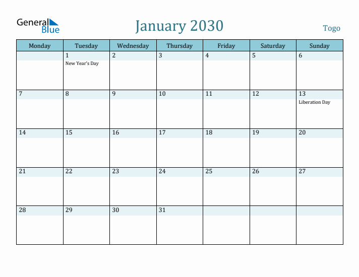 January 2030 Calendar with Holidays