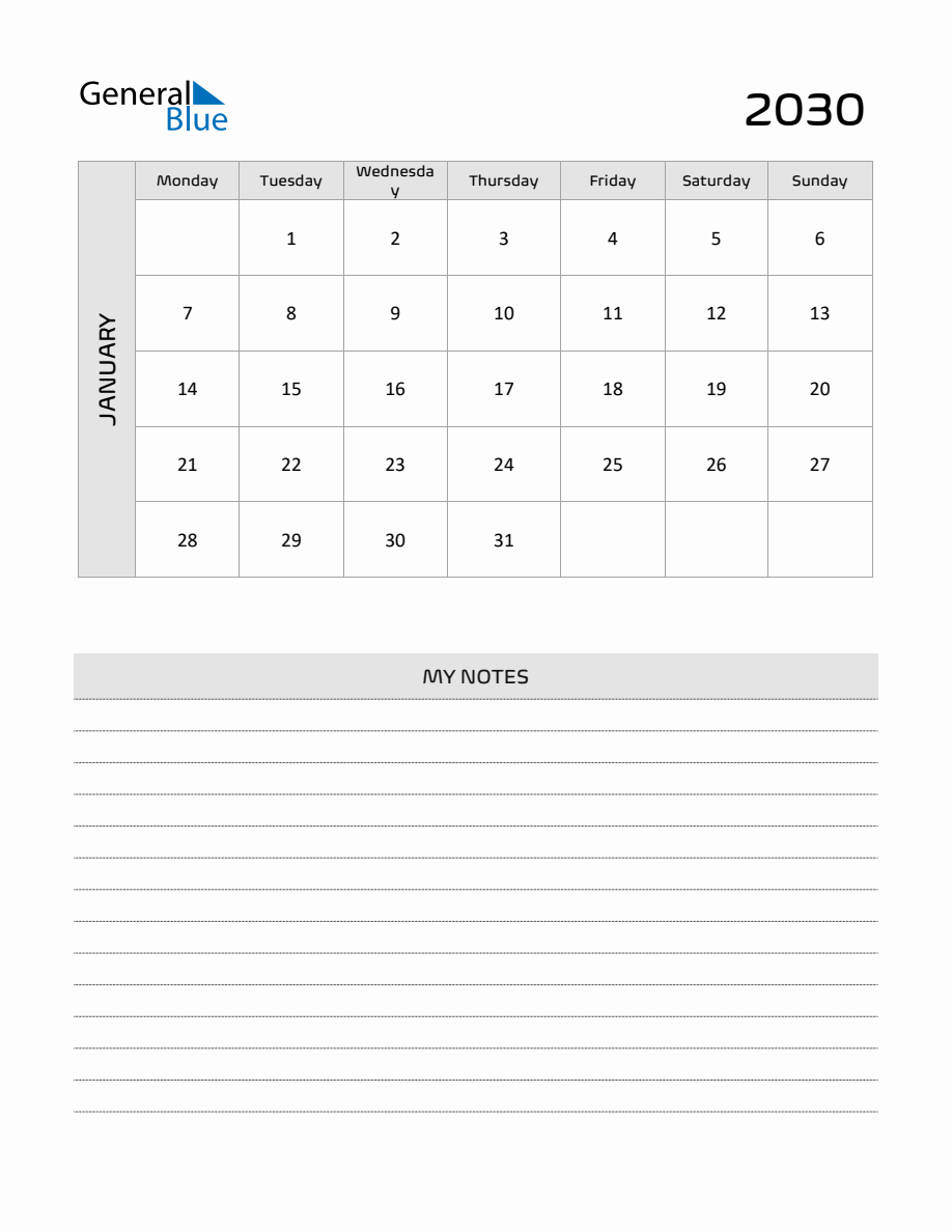 January 2030 Printable Monthly Calendar with Notes