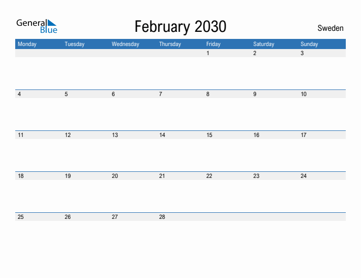 Fillable February 2030 Calendar