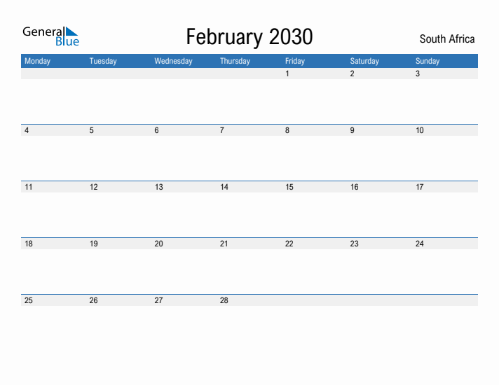 Fillable February 2030 Calendar