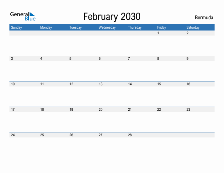 Free February 2030 Bermuda Calendar