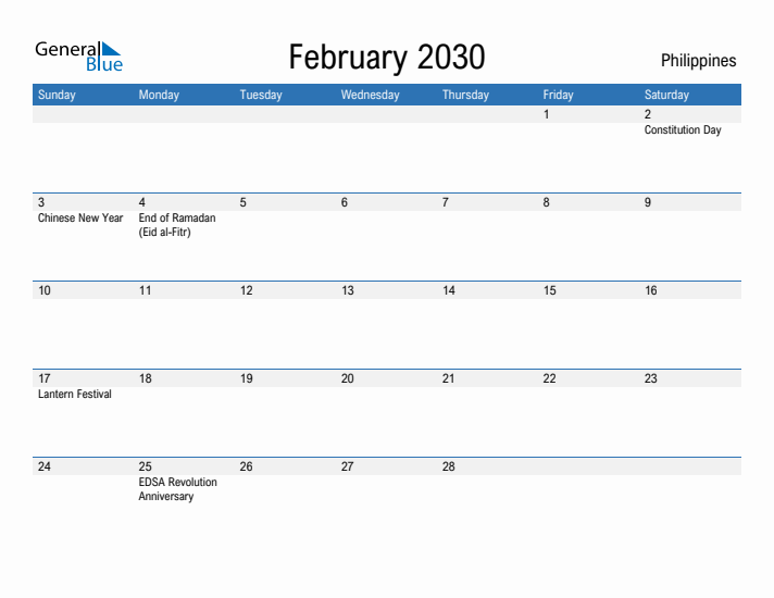 Fillable February 2030 Calendar