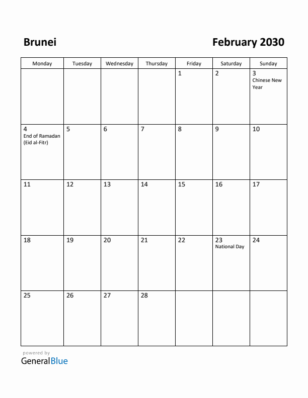 February 2030 Calendar with Brunei Holidays