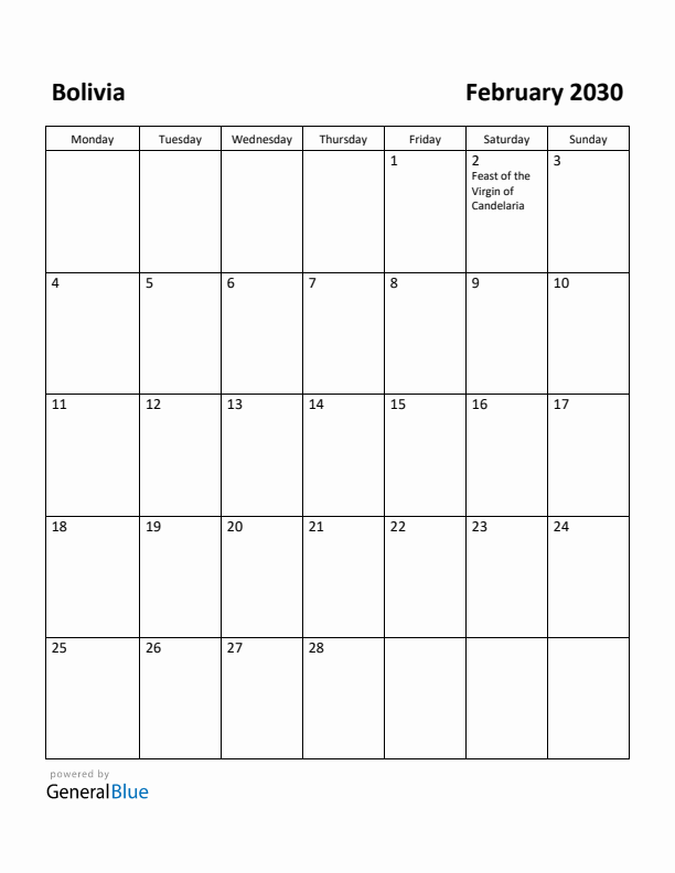 February 2030 Calendar with Bolivia Holidays