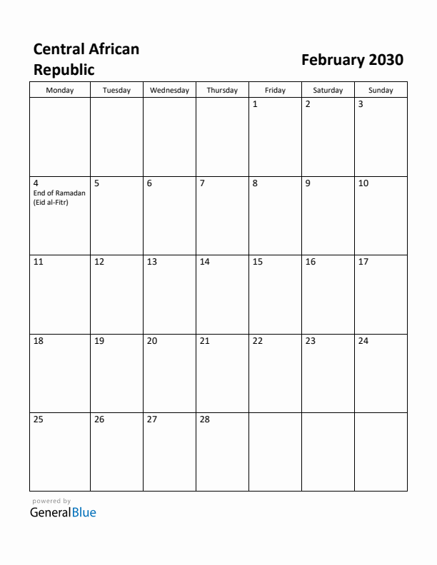 February 2030 Calendar with Central African Republic Holidays
