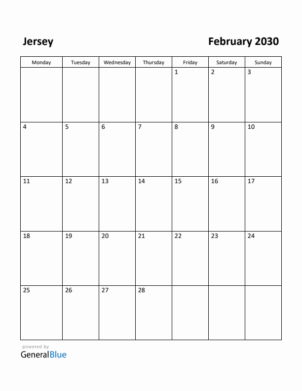 February 2030 Calendar with Jersey Holidays