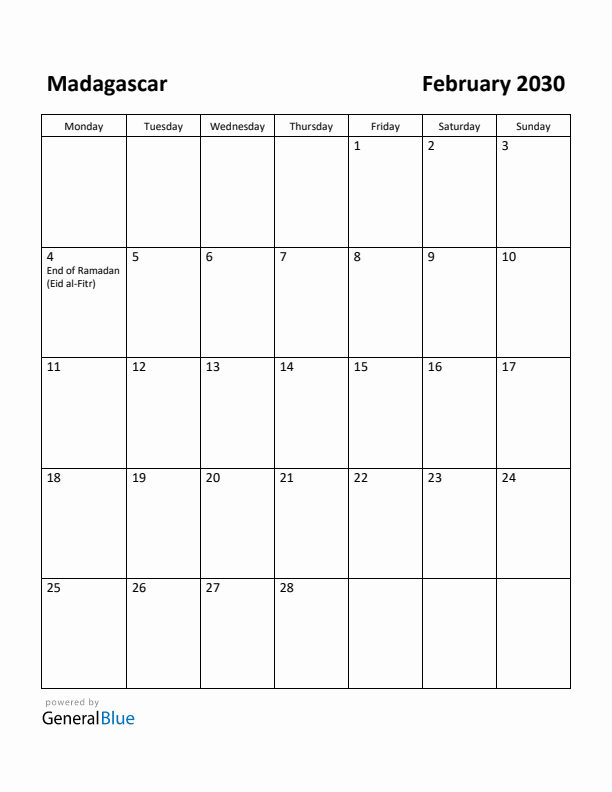 February 2030 Calendar with Madagascar Holidays