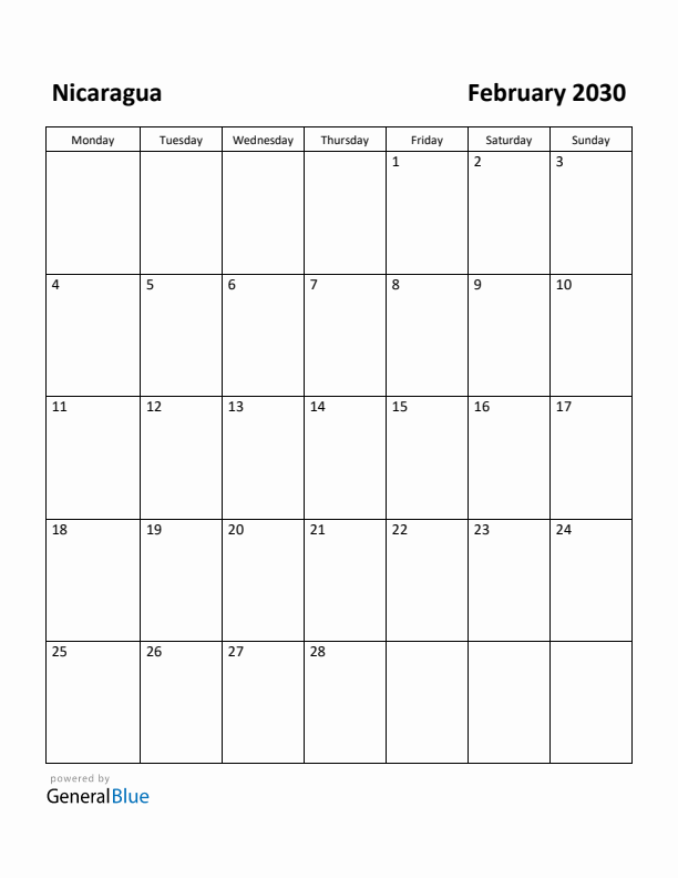 February 2030 Calendar with Nicaragua Holidays