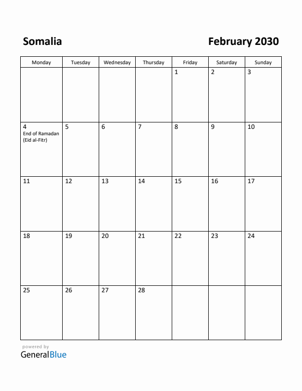 February 2030 Calendar with Somalia Holidays