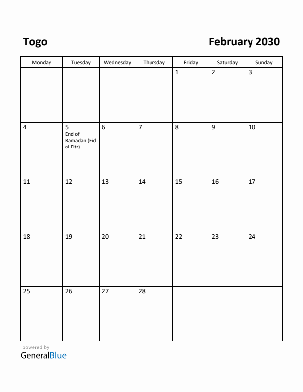 February 2030 Calendar with Togo Holidays