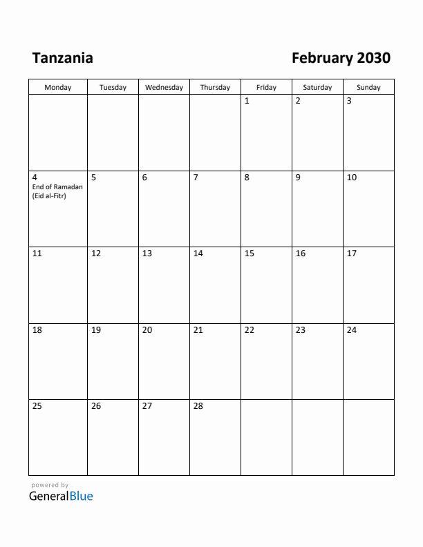 February 2030 Calendar with Tanzania Holidays