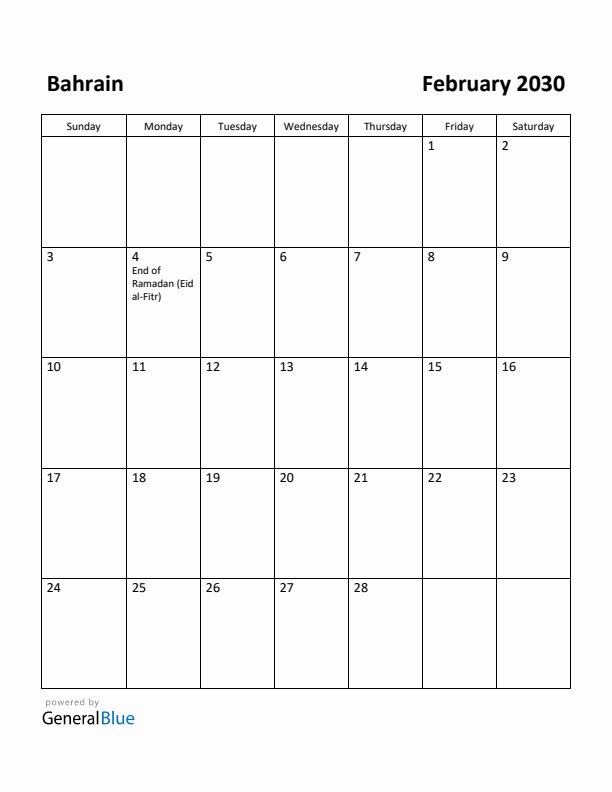 February 2030 Calendar with Bahrain Holidays