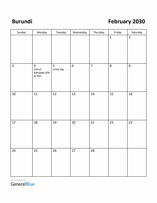 February 2030 Calendar with Burundi Holidays