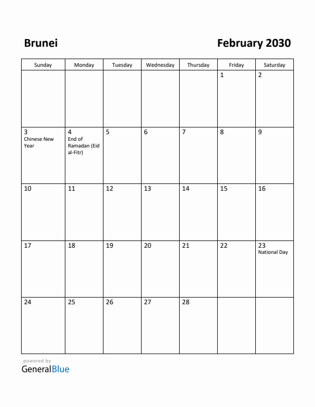February 2030 Calendar with Brunei Holidays
