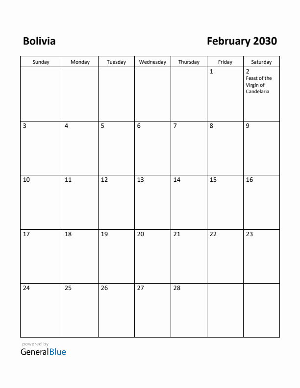 February 2030 Calendar with Bolivia Holidays