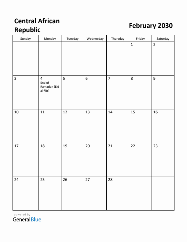 February 2030 Calendar with Central African Republic Holidays