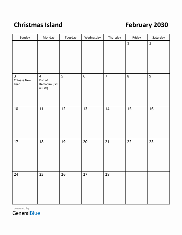 February 2030 Calendar with Christmas Island Holidays