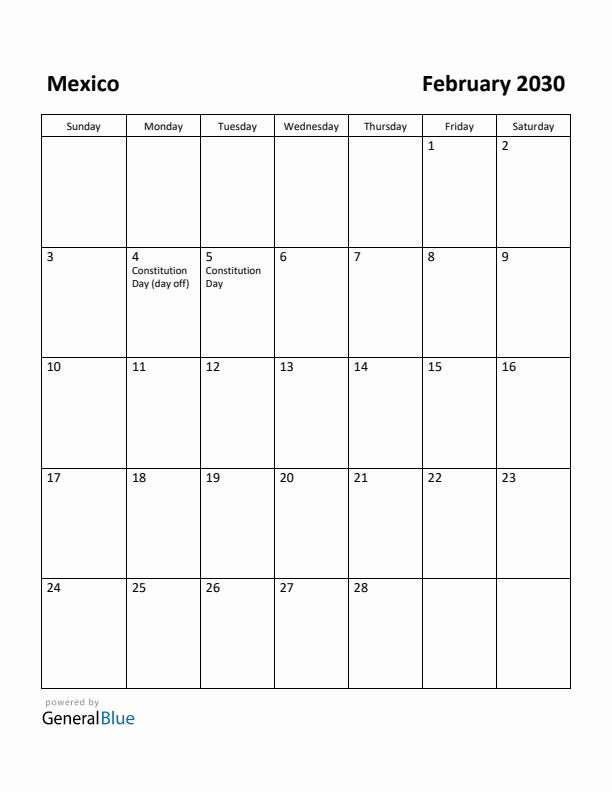February 2030 Calendar with Mexico Holidays