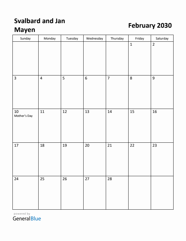 February 2030 Calendar with Svalbard and Jan Mayen Holidays