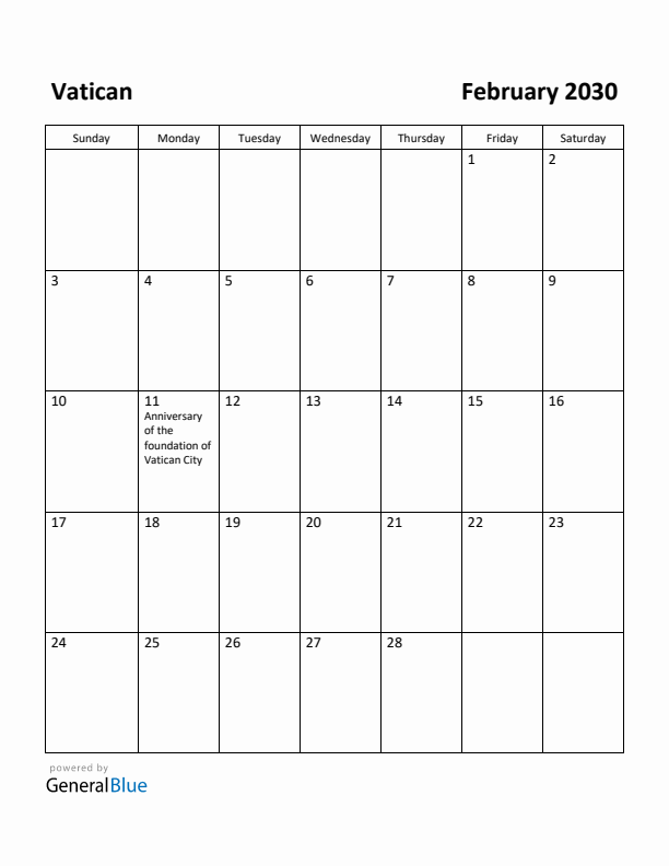 February 2030 Calendar with Vatican Holidays