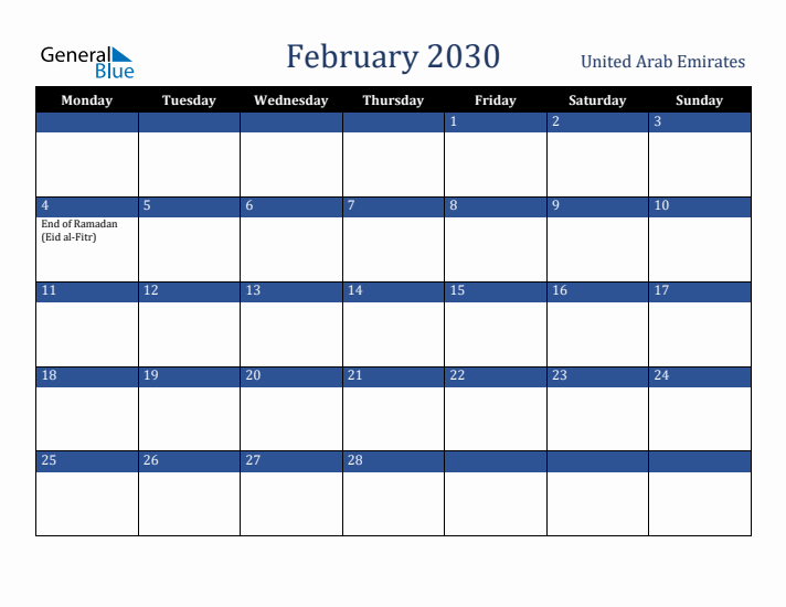 February 2030 United Arab Emirates Calendar (Monday Start)