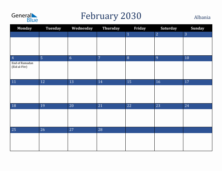 February 2030 Albania Calendar (Monday Start)