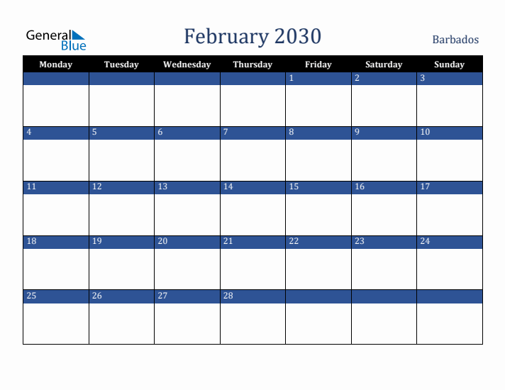 February 2030 Barbados Calendar (Monday Start)