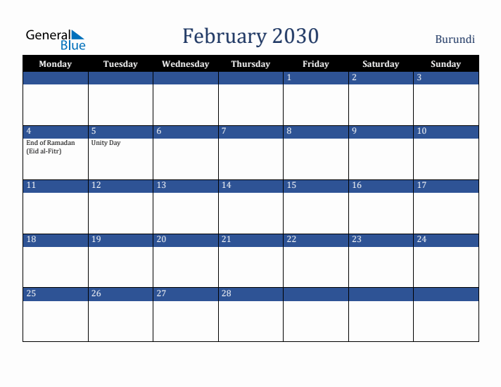 February 2030 Burundi Calendar (Monday Start)