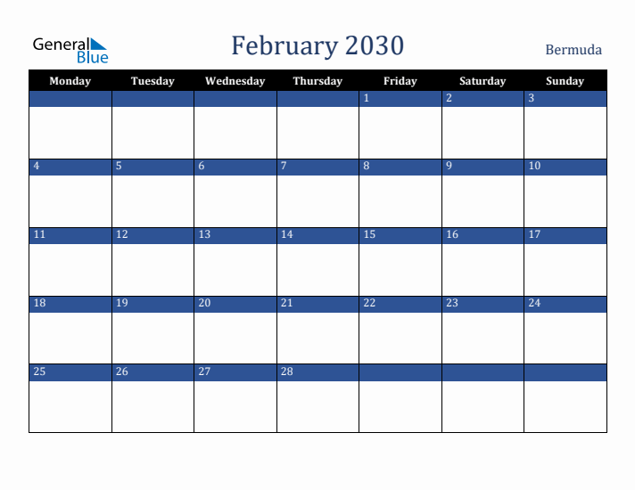 February 2030 Bermuda Calendar (Monday Start)