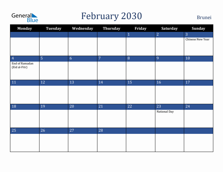 February 2030 Brunei Calendar (Monday Start)