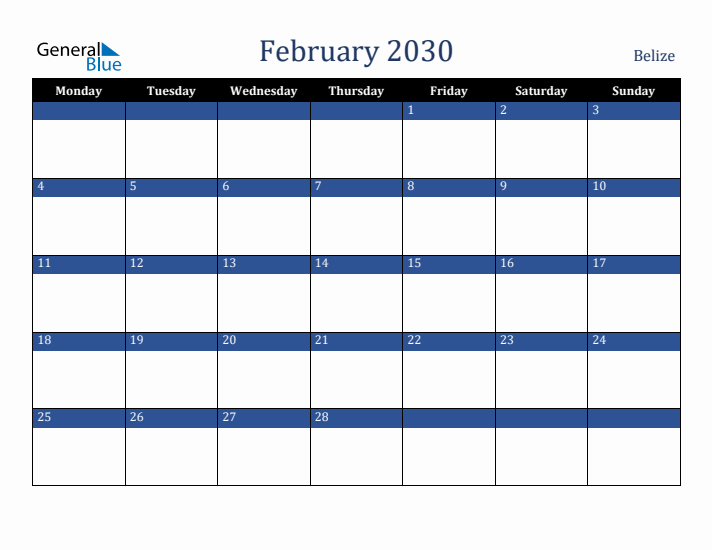 February 2030 Belize Calendar (Monday Start)