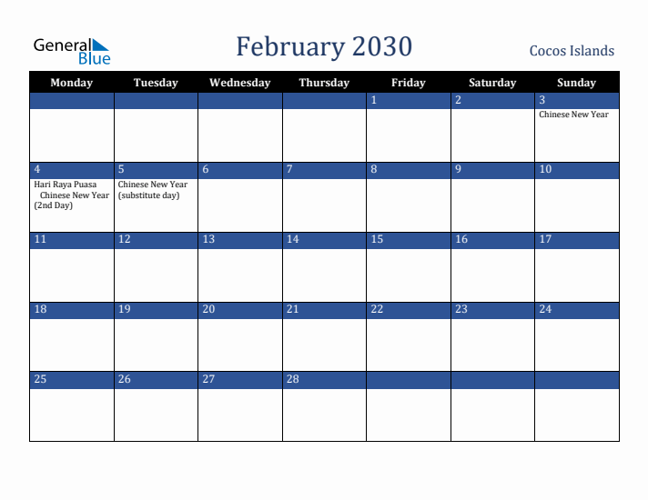 February 2030 Cocos Islands Calendar (Monday Start)