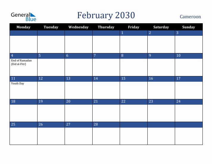 February 2030 Cameroon Calendar (Monday Start)