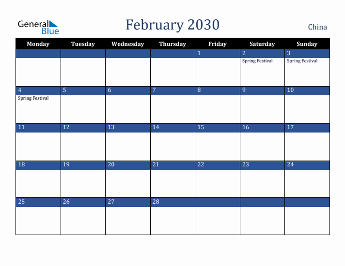 February 2030 China Calendar (Monday Start)